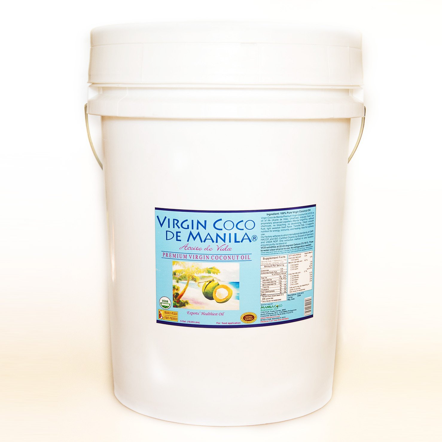 Organic 100% Virgin Coconut Oil Nutritional Supplement Transfat - Free Essential Fatty Acid (Lauric) : Energy Nutrition - NATIVE CLEAN FRESH FLAVOR-LOCK : BETTER RANCID SHIELD (blanched dry-desiccated raw coconut - expeller pressed) OIL : 5 Gallon (18.9 Liters) Direct From Our Manila Coco Factory