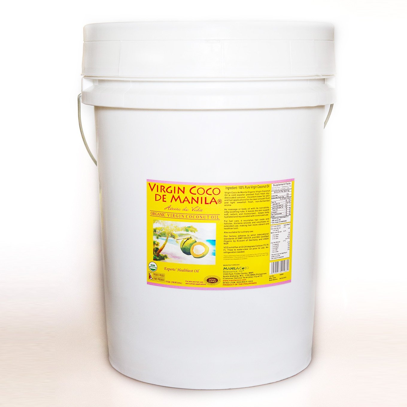 Organic 100% Virgin Coconut Oil Manila Coco - 5 Gallon (18.9 liters) Natural Skin/Hair Care : ZERO PRESERVATIVES