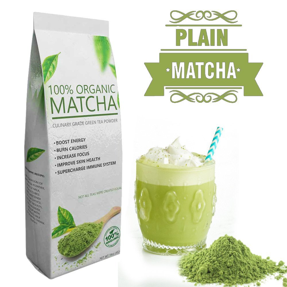 Plain Matcha(16oz) –All-Natural – Certified USDA Organic – Premium Grade – – Ideal for Drinks and Culinary Delights