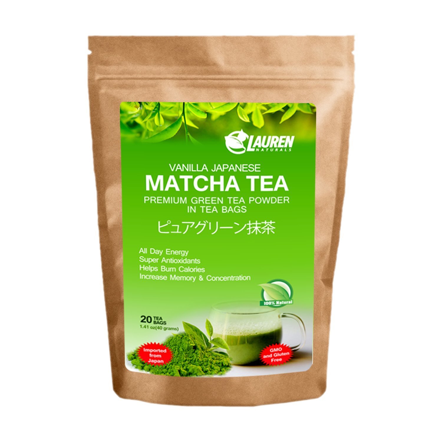 Vanilla Flavored Matcha Powder TEA BAGS: Imported Japanese Organic Matcha Powder in Tea Bags by Lauren Naturals: Great for - Risk Free Full Money Back Guarantee