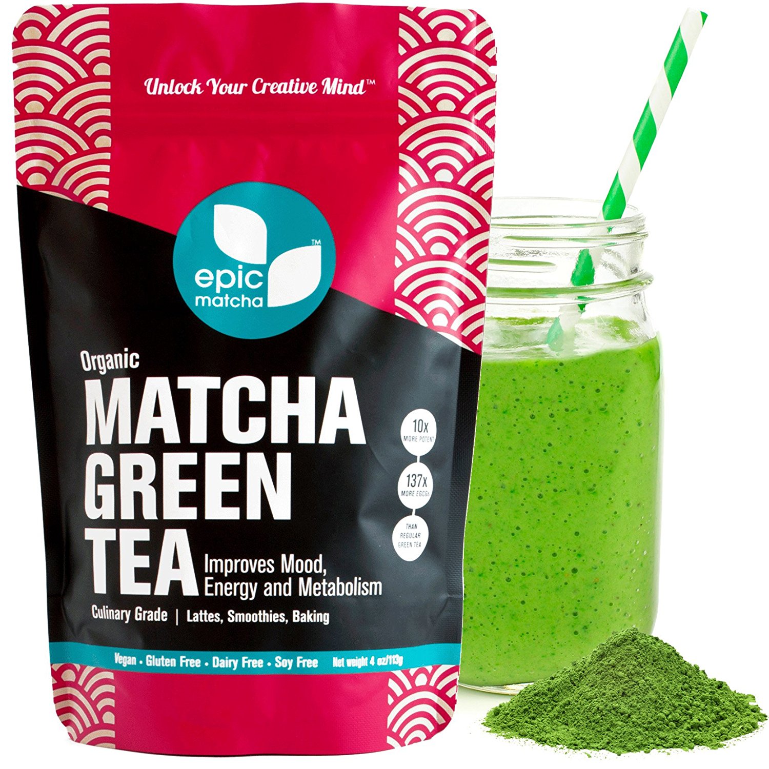 Epic Matcha Green Tea Powder - USDA Organic - Best Culinary Grade - Free 37+ Smoothie & Baking Recipes and...