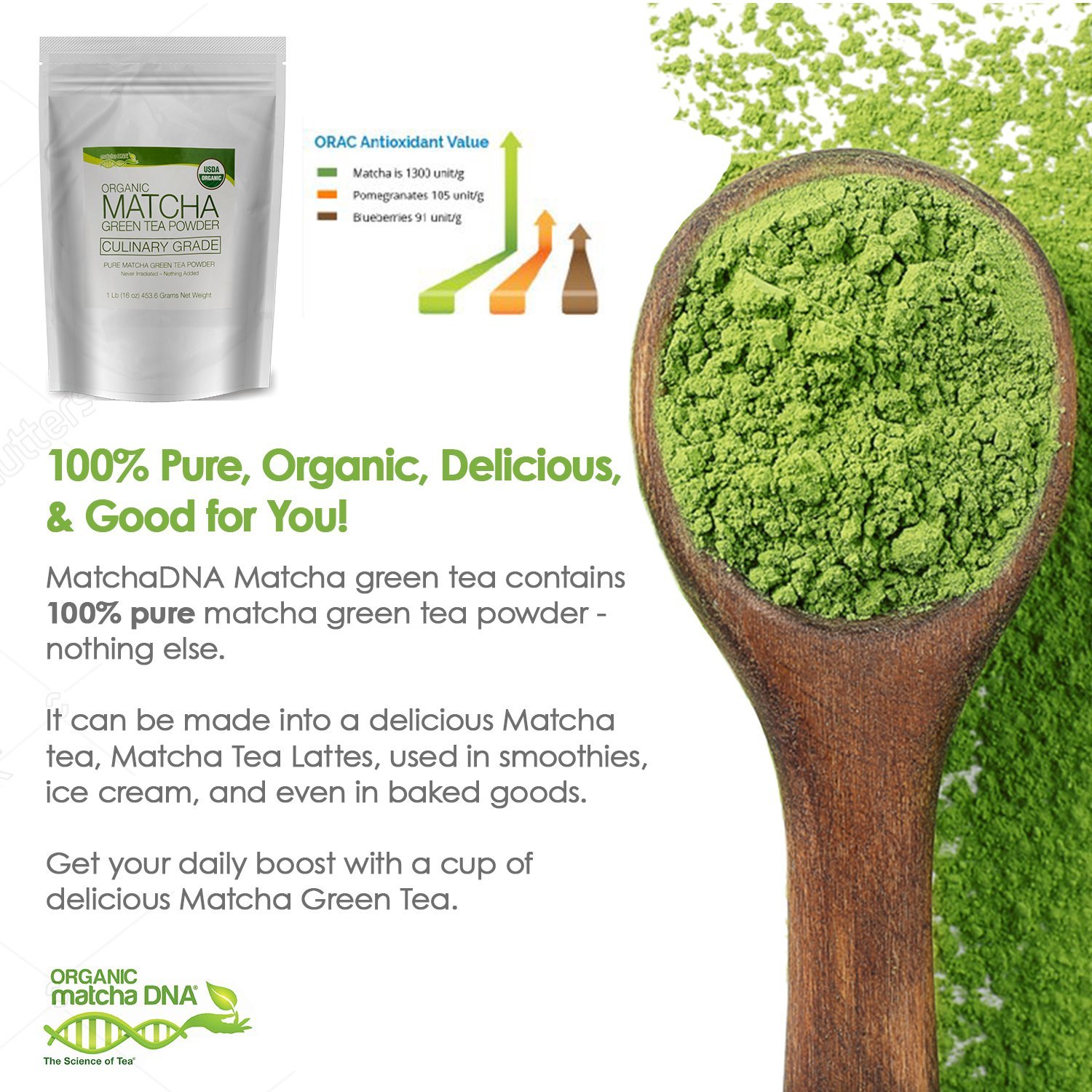 MatchaDNA USDA Organic Matcha Green Tea Powder 10 Lbs (160 Oz) - CERTIFIED ORGANIC - Bulk - Culinary Grade