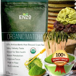 Enzo Premium Organic Matcha Green Tea Powder 4oz (113g) Thailand – The Award Winner Tropical Grassy Taste Macha with Vibrant Color Starter Ceremonial Grade